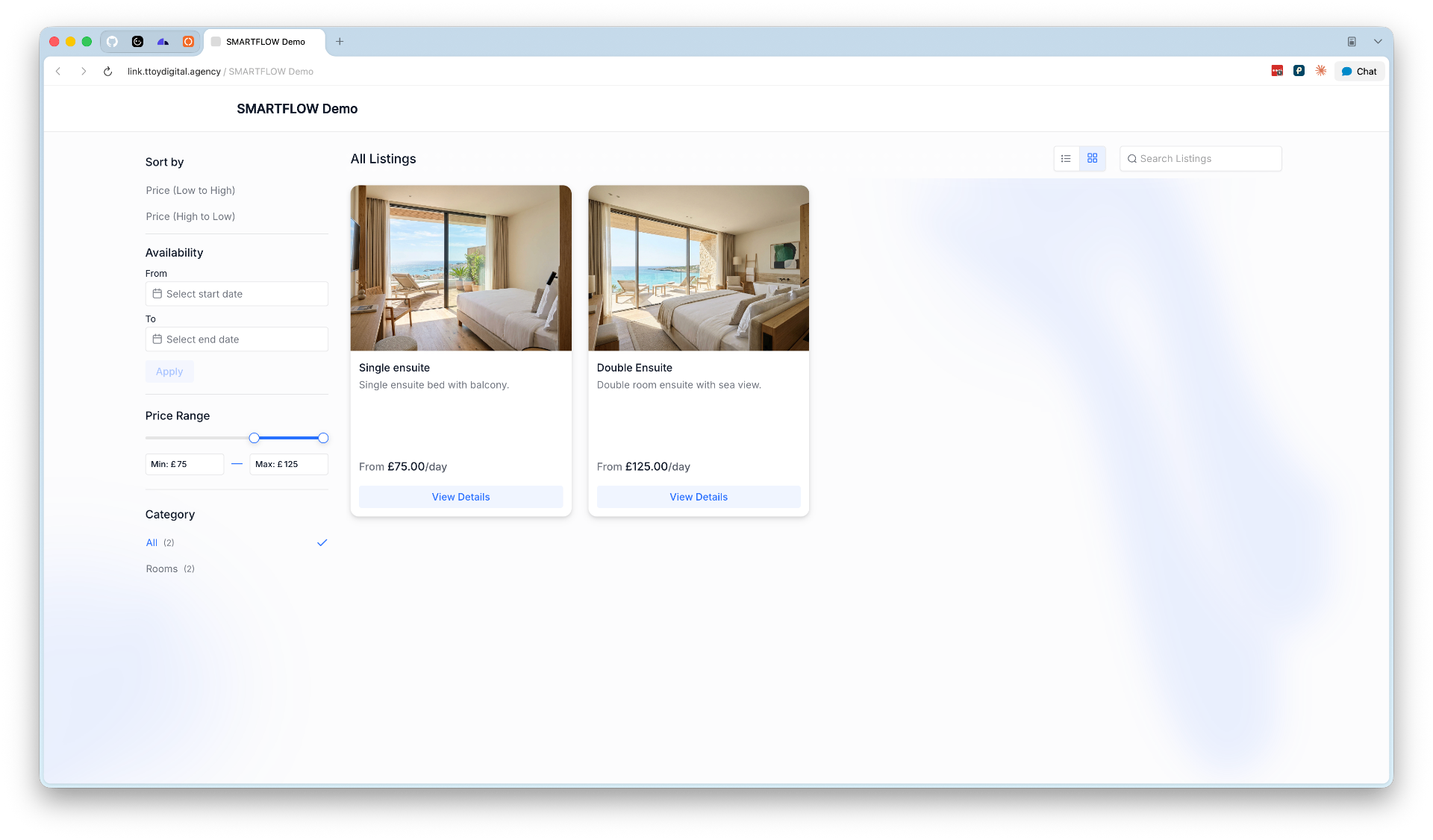 SmartFlow booking dashboard showing room listings, availability calendar and channel sync