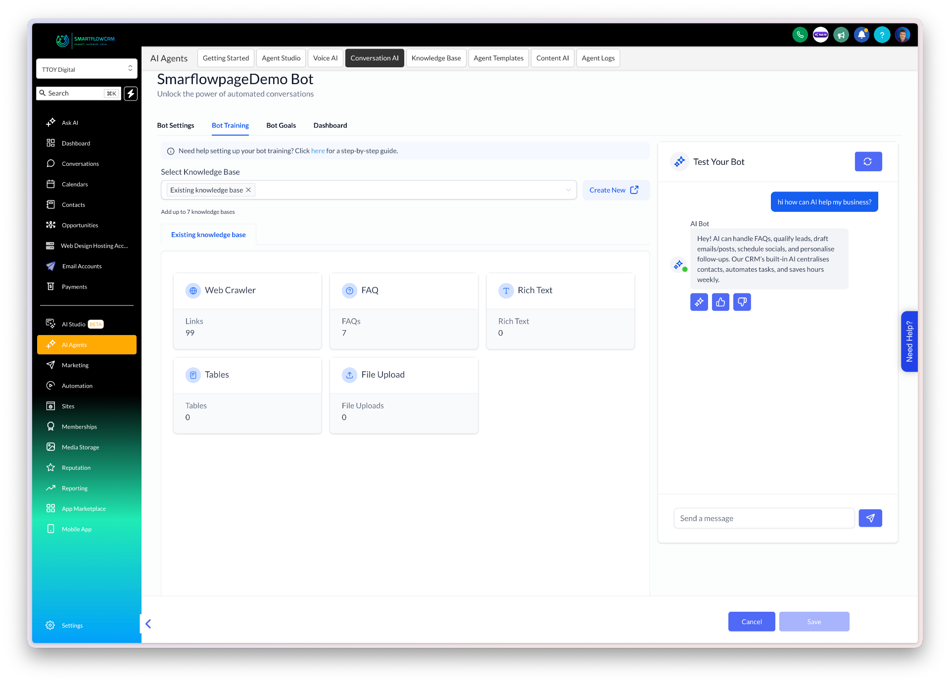 SmartFlowCRM Conversational AI chatbot interface showing a natural customer conversation with automated FAQ responses