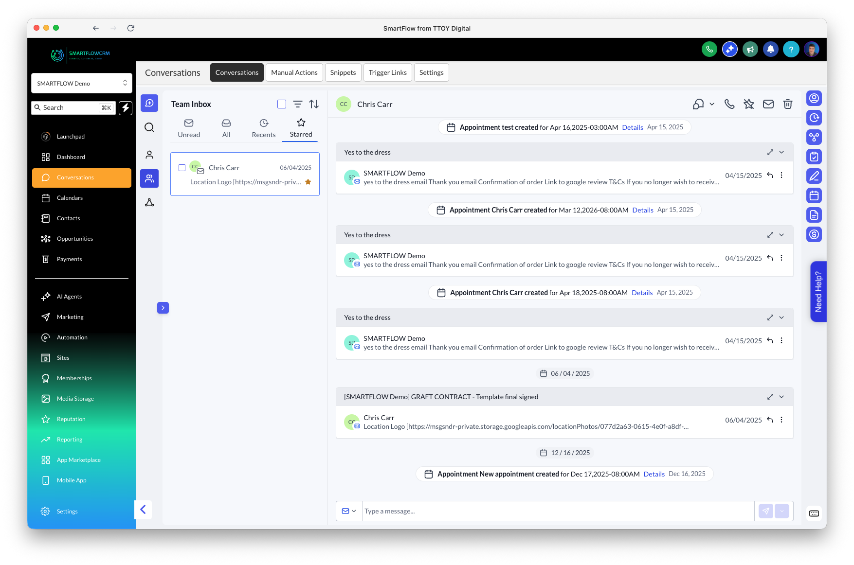 SmartFlowCRM Unified Conversations Interface - Manage all customer messages in one inbox