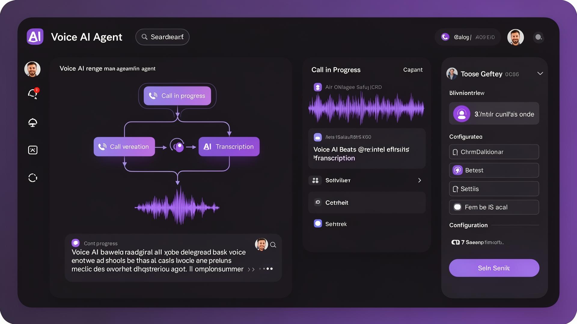 SmartFlowCRM Voice AI Agent dashboard showing call in progress with real-time transcription and configuration options