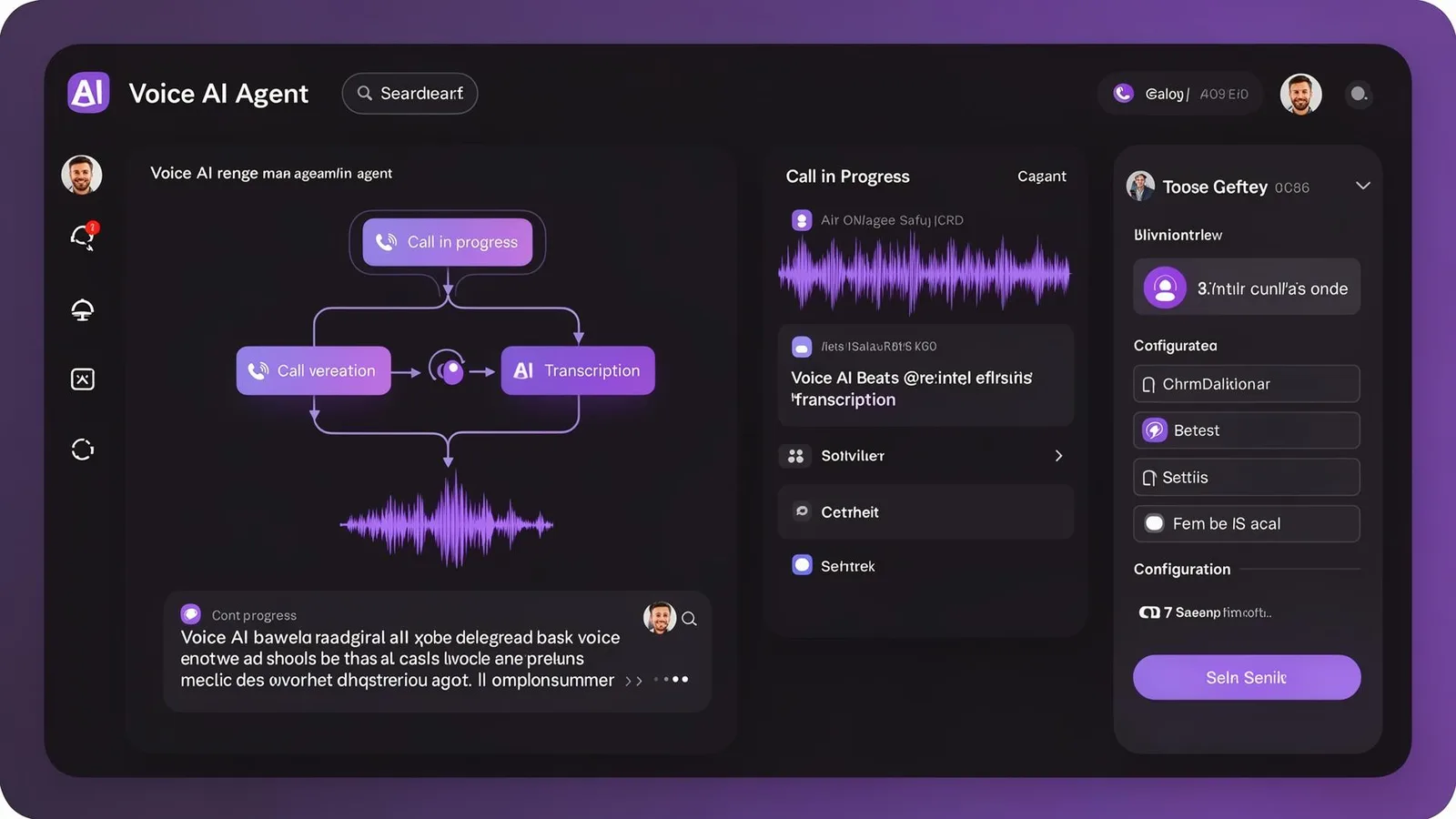 SmartFlowCRM Voice AI Agent dashboard showing call in progress with real-time transcription and configuration options