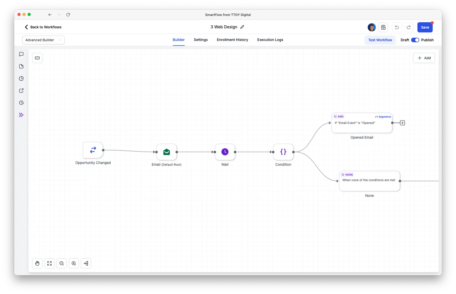 SmartFlow Workflow Builder - Visual drag-and-drop automation interface
